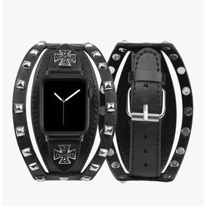 Silver Studded Apple Watch Band Leather Cuff Cross Strap Punk Steampunk Goth EUC